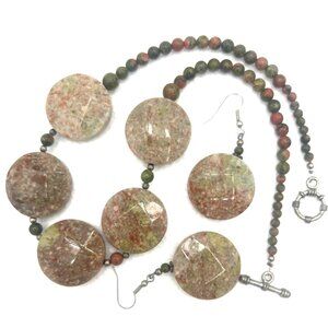 Chunky Unakite Beaded Necklace‎ Earrings Set Natural Polished Stone Toggle Clasp